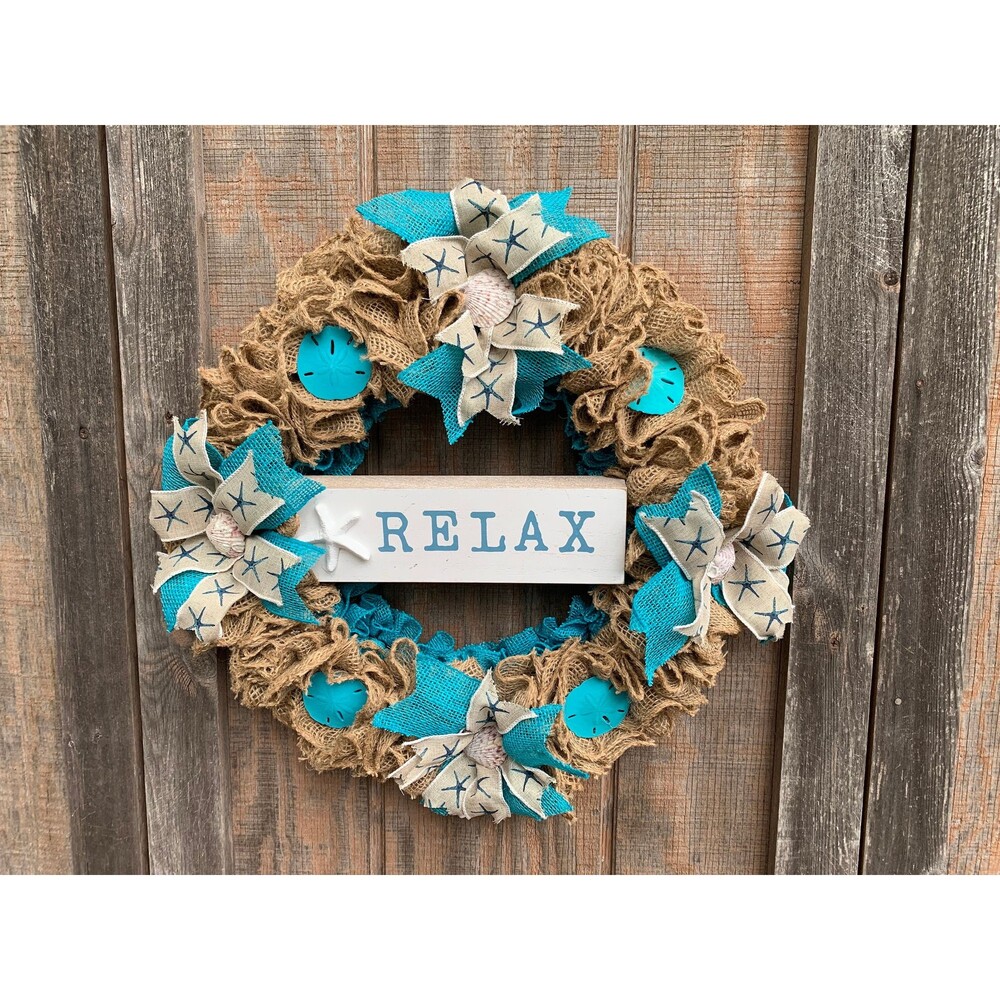 Coastal Nautical “Relax” Ruffled Natural & Turquoise Burlap Wreath -New Handmade